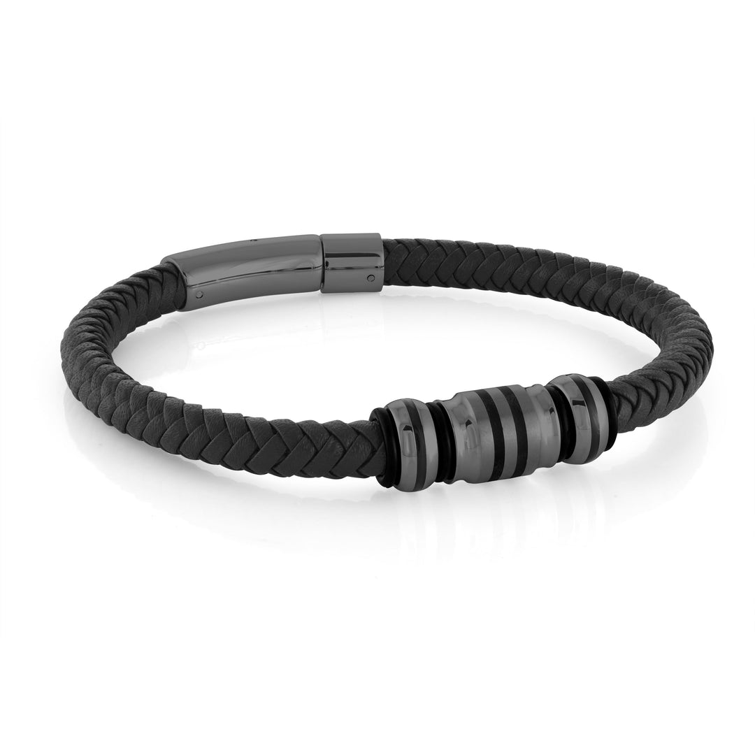 Gunmetal Stainless Steel And Black Leather 7.75" Men’s Bracelet