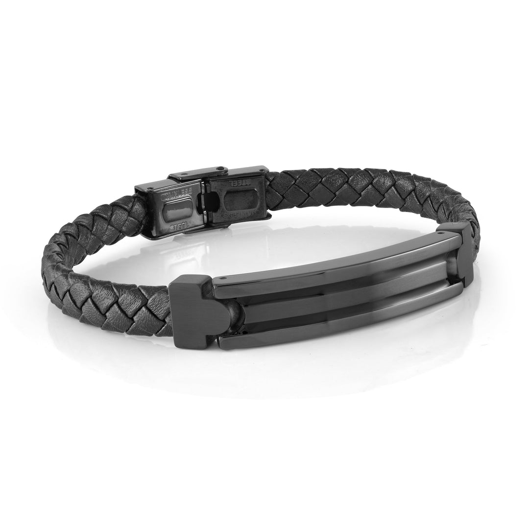 Black Stainless Steel ID Plate Black Leather Bracelet