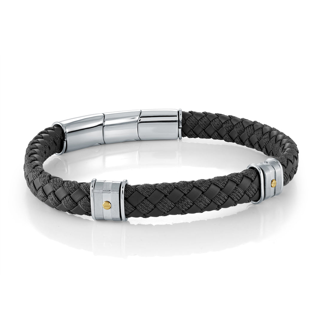 Stainless Steel Black Leather Bracelet with Gold-Tone Accents 7.5 + 0.5 Inch