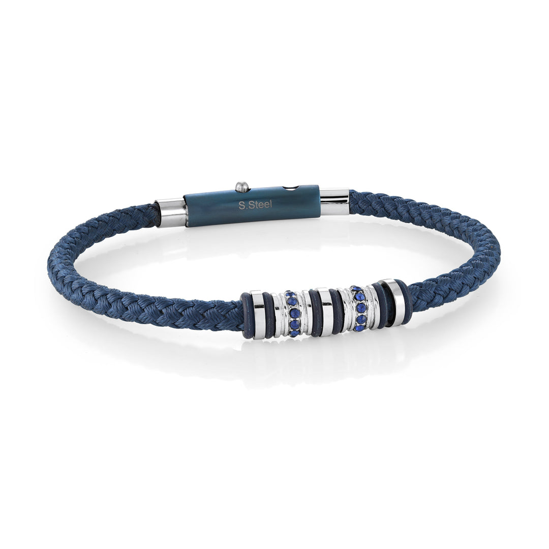 Stainless Steel Blue CZ And Blue Leather Adjustable Bracelet With 3 Way Clasp