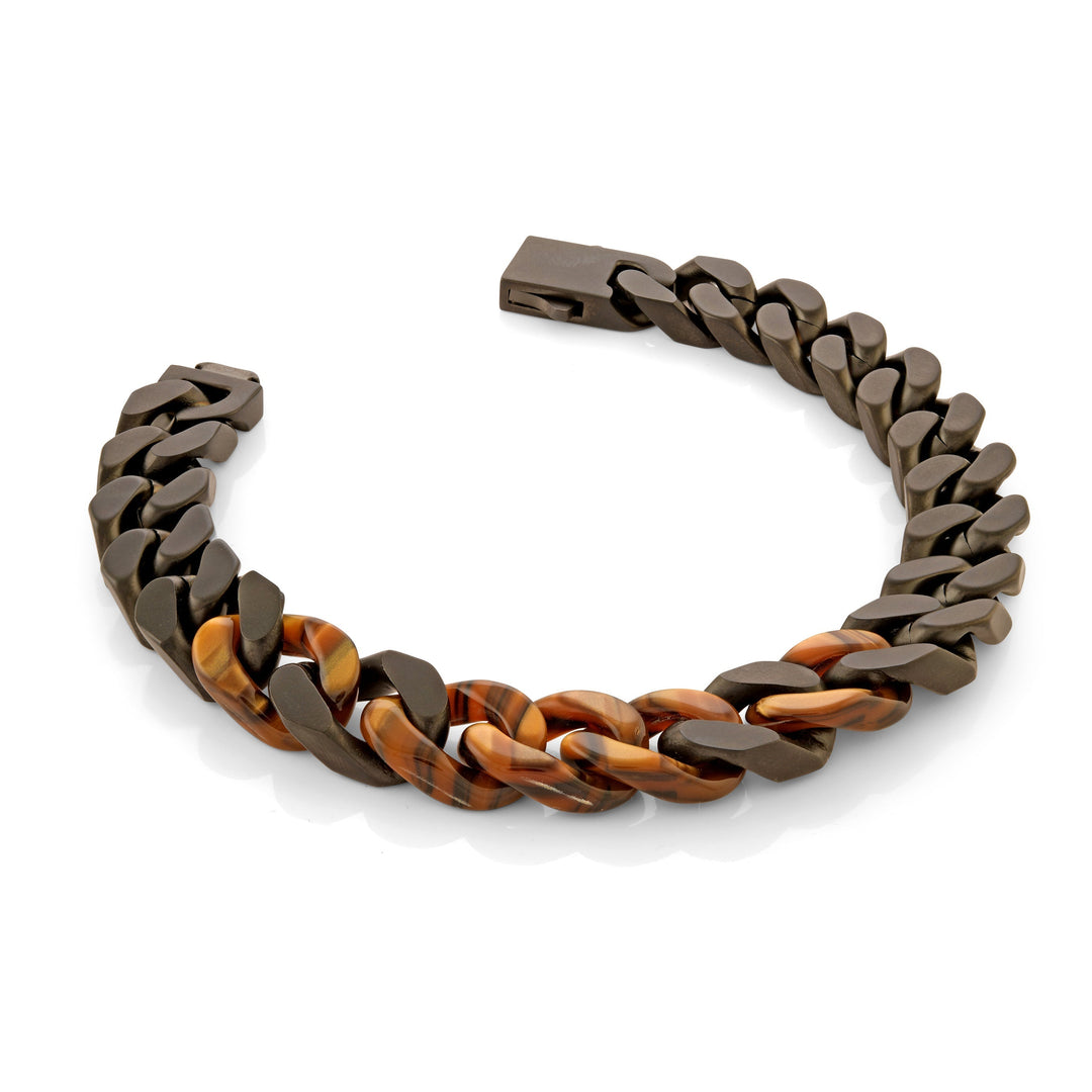 Black Matte Stainless Steel Tiger Eye Acetate Curb Link 8.5" Bracelet