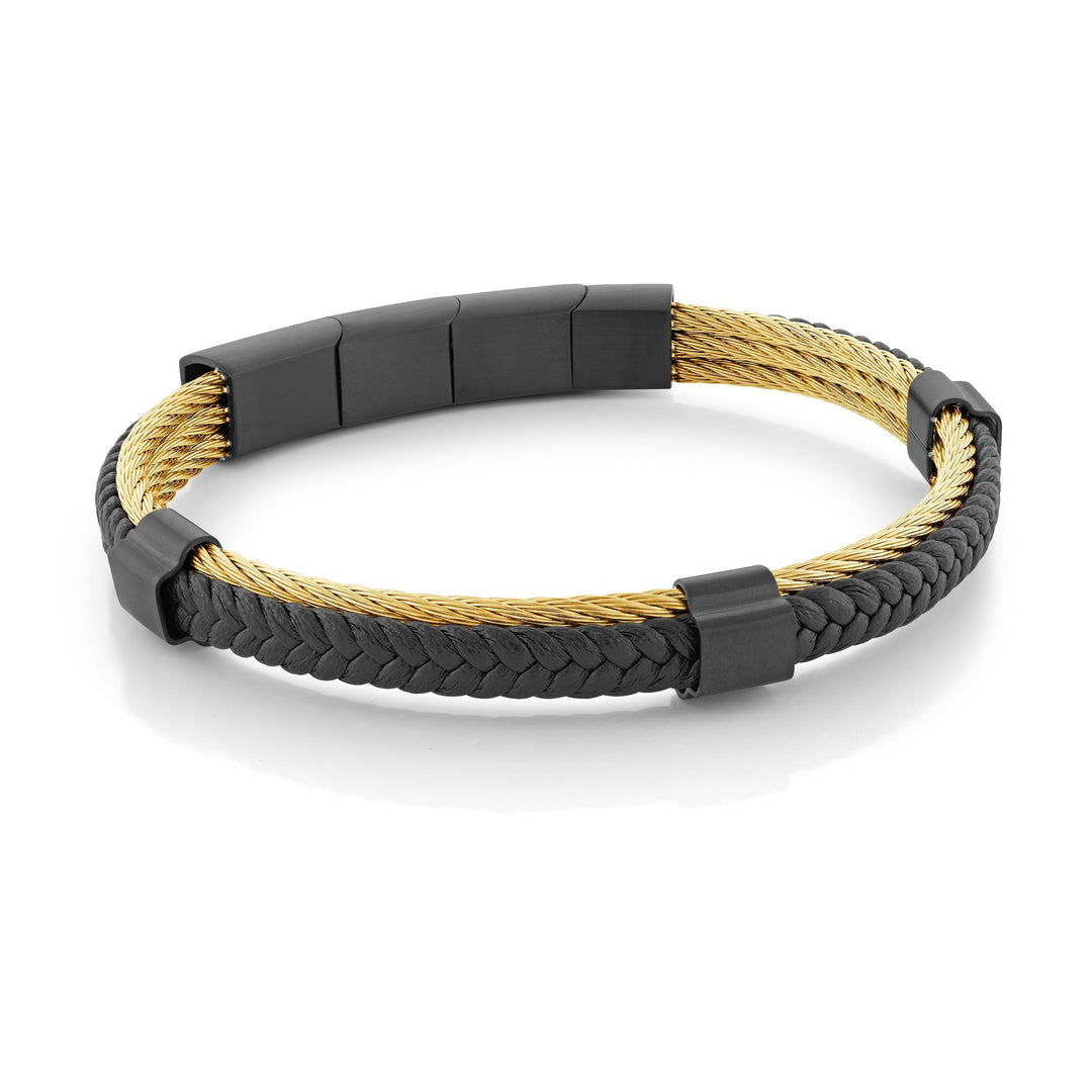 Black Leather Cable Bangle Bracelet with Black IP 2-Way Clasp