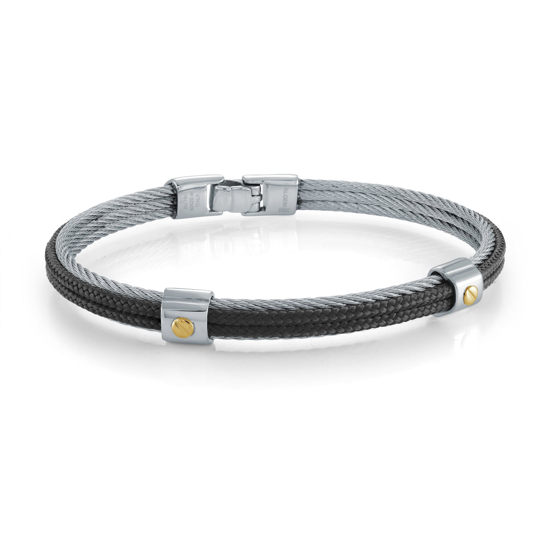 Stainless Steel And 18K Gold Three-Row Cable Black Cord Bangle Bracelet 8.27 Inch